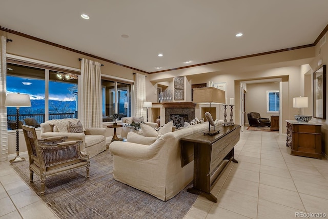 living room with light tile patterned floors, ornamental molding, a fireplace, and recessed lighting