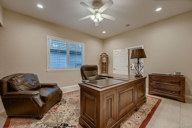 home office featuring light tile patterned floors, ceiling fan, and recessed lighting