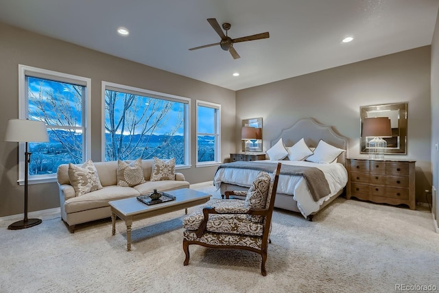 bedroom with carpet floors, baseboards, and recessed lighting