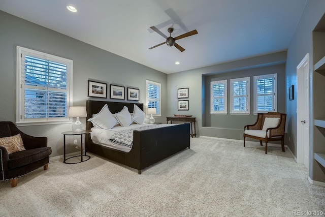 bedroom featuring carpet, baseboards, ceiling fan, and recessed lighting