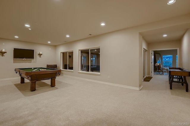 rec room featuring recessed lighting, light colored carpet, and baseboards