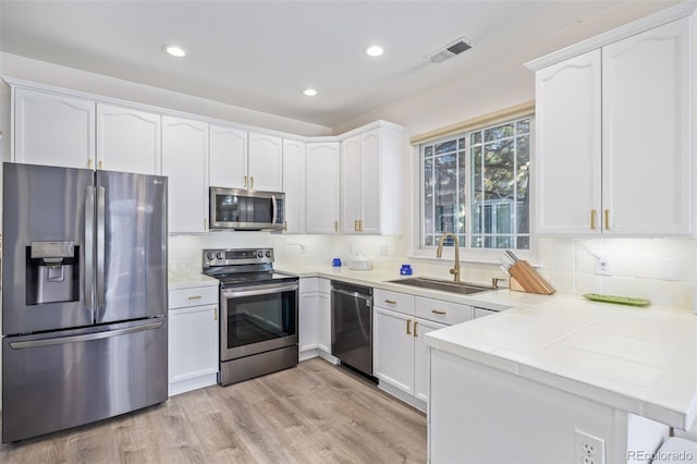 kitchen with kitchen peninsula, white cabinetry, sink, and stainless steel appliances