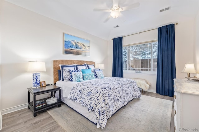 bedroom featuring light hardwood / wood-style floors and ceiling fan