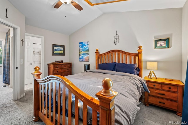 carpeted bedroom with ceiling fan and lofted ceiling