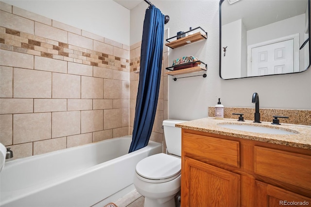 full bathroom with shower / bath combo, vanity, and toilet