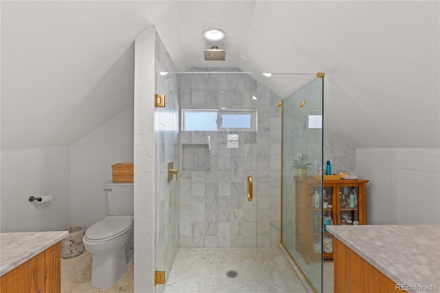 bathroom with vanity, an enclosed shower, lofted ceiling, and toilet