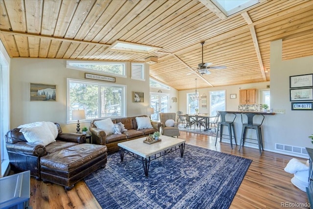 living area featuring a skylight, wood ceiling, and wood finished floors