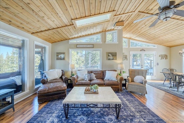 living area featuring vaulted ceiling with skylight, wooden ceiling, plenty of natural light, and wood finished floors