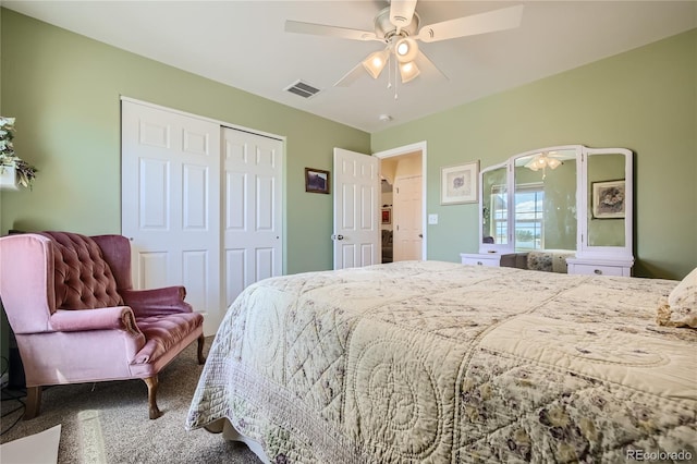 bedroom with carpet, a closet, and ceiling fan