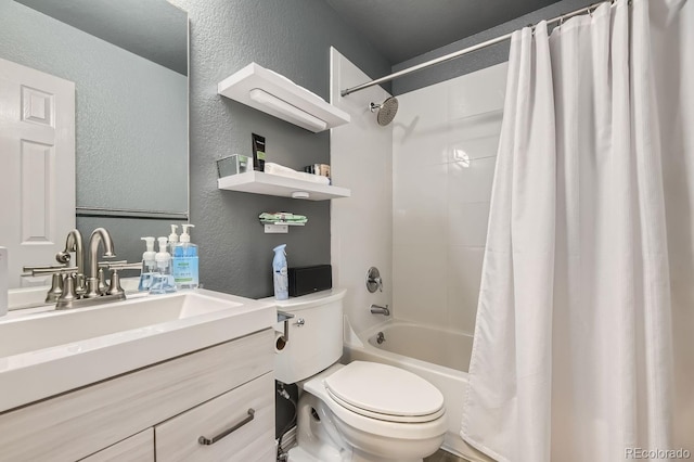 full bathroom with vanity, shower / bathtub combination with curtain, and toilet