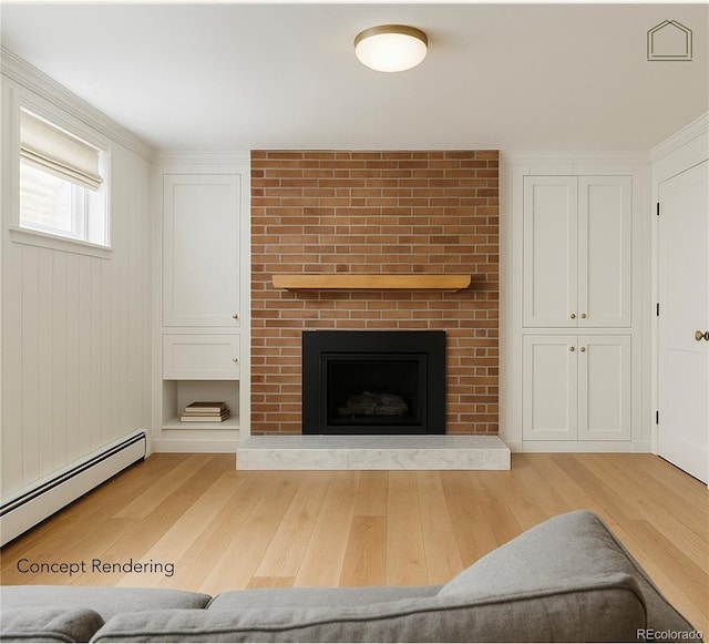 5700 E Floyd Ave, Denver, CO 80222 - living room featuring a baseboard radiator, light wood-type flooring, and a fireplace