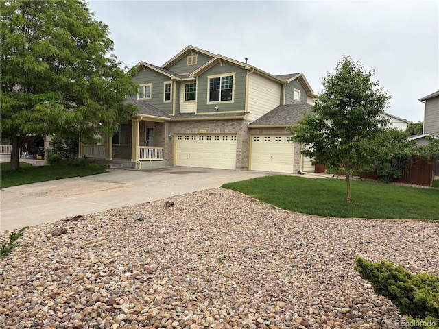 14642 Williams St, Thornton, CO 80602 - view of front of home with driveway, covered porch, brick siding, an attached garage, and a front lawn