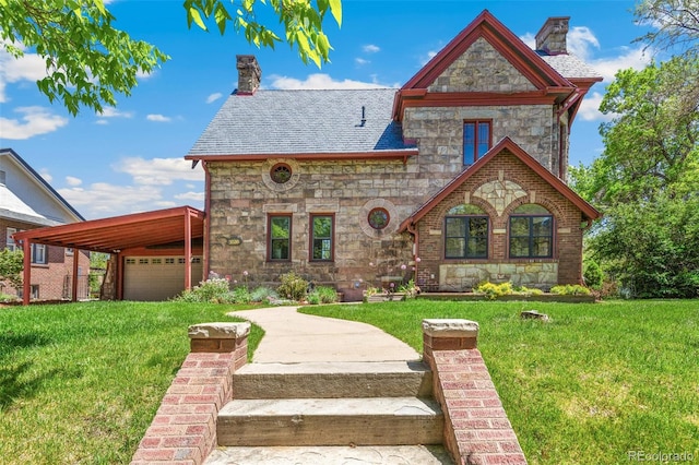 view of front of house featuring a chimney, stone siding, a front yard, and a carport