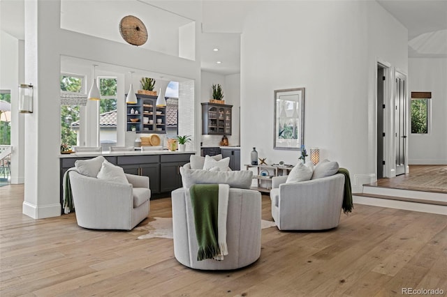 living room featuring a towering ceiling and light wood-type flooring