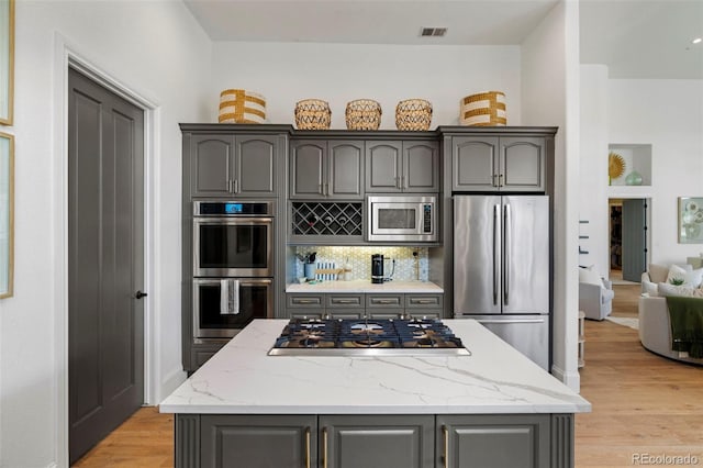 kitchen featuring light wood-type flooring, appliances with stainless steel finishes, a center island, and backsplash