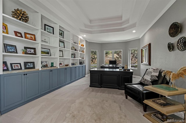 sitting room with a raised ceiling, ornamental molding, light colored carpet, and built in features