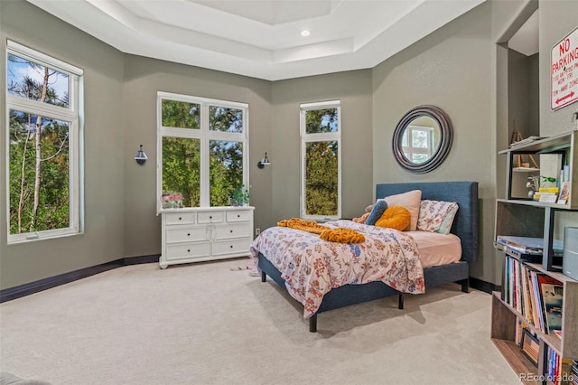 bedroom featuring a raised ceiling and light colored carpet