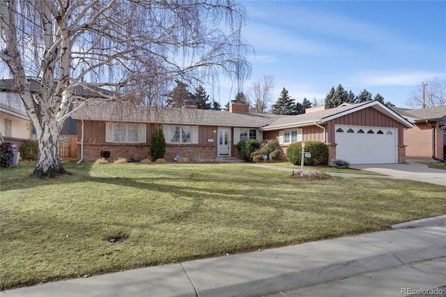 ranch-style house with a front lawn, driveway, board and batten siding, a garage, and brick siding