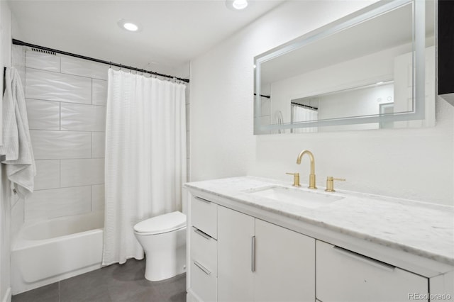 790 N Washington St Unit 407, Denver, CO 80203 - full bathroom featuring vanity, shower / bath combo, tile patterned flooring, and recessed lighting