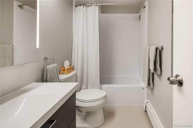 full bathroom with vanity, shower / bathtub combination with curtain, a baseboard heating unit, and toilet