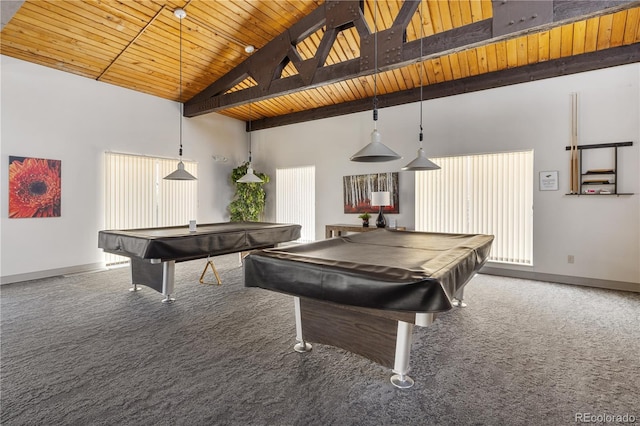 recreation room with carpet floors, high vaulted ceiling, baseboards, billiards, and wooden ceiling