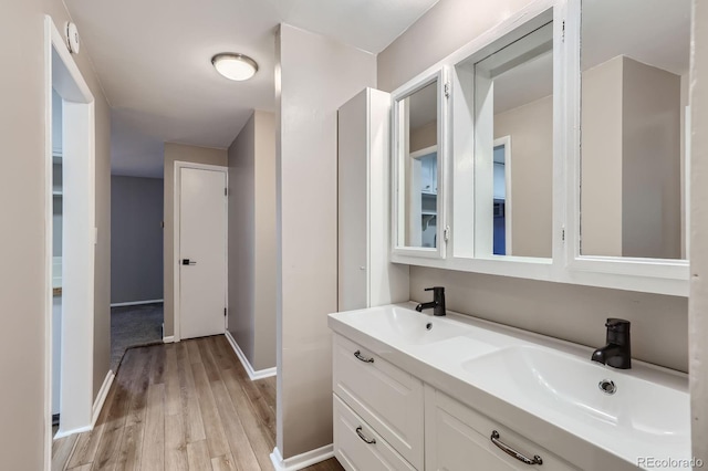 937 N Clarkson St Unit 206, Denver, CO 80218 - bathroom with wood finished floors, baseboards, and double vanity