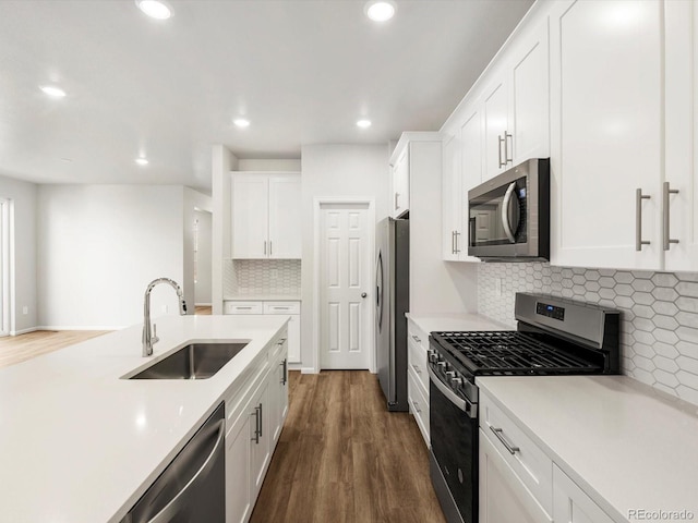 kitchen featuring a sink, appliances with stainless steel finishes, dark wood-style floors, and light countertops