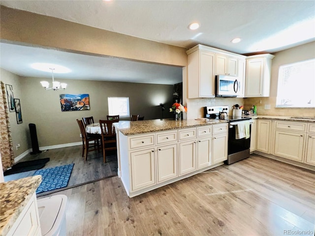 kitchen with decorative light fixtures, tasteful backsplash, kitchen peninsula, stainless steel appliances, and light wood-type flooring