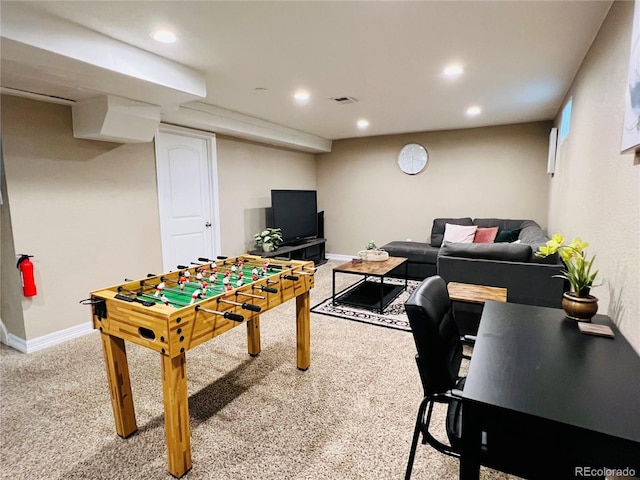 recreation room featuring carpet flooring