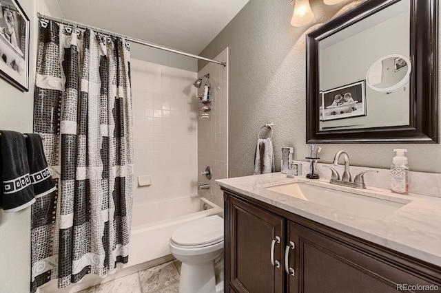 full bathroom featuring vanity, shower / tub combo, and toilet