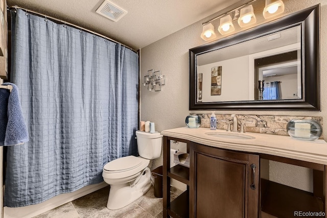 full bathroom featuring vanity, backsplash, toilet, shower / bathtub combination with curtain, and a textured ceiling