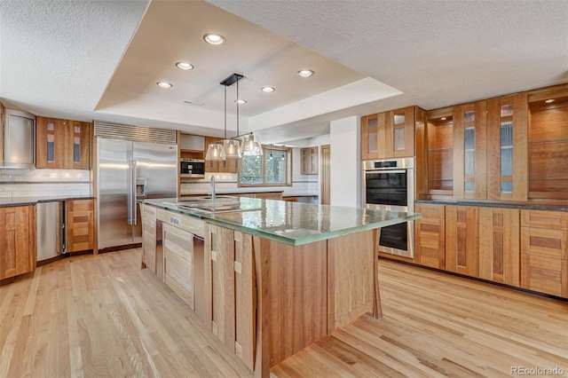 kitchen with a tray ceiling, a large island, hanging light fixtures, and appliances with stainless steel finishes