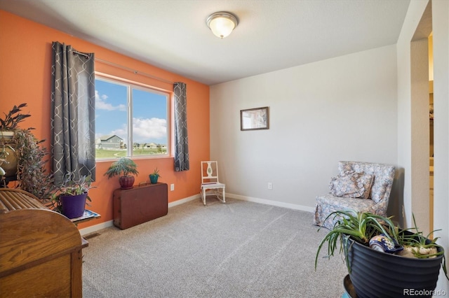sitting room with baseboards and carpet flooring