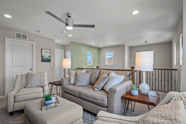 9389 Mayflower Gulch Way, Colorado Springs, CO 80927 - living room featuring ceiling fan, recessed lighting, and baseboards