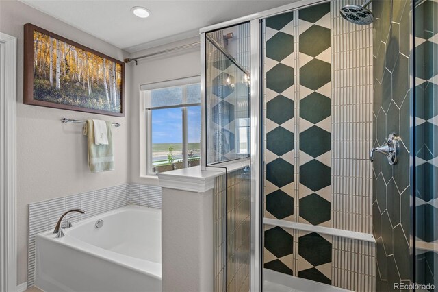 9389 Mayflower Gulch Way, Colorado Springs, CO 80927 - full bathroom featuring a bath, a stall shower, and recessed lighting