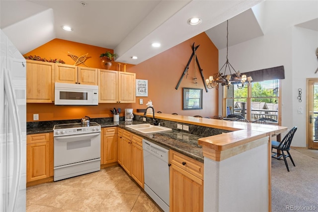 33 Broken Lance Dr Unit 207S, Breckenridge, CO 80424 - kitchen with white appliances, lofted ceiling, a peninsula, recessed lighting, and a chandelier