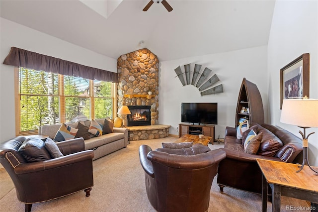 33 Broken Lance Dr Unit 207S, Breckenridge, CO 80424 - carpeted living area with a ceiling fan, lofted ceiling, and a fireplace
