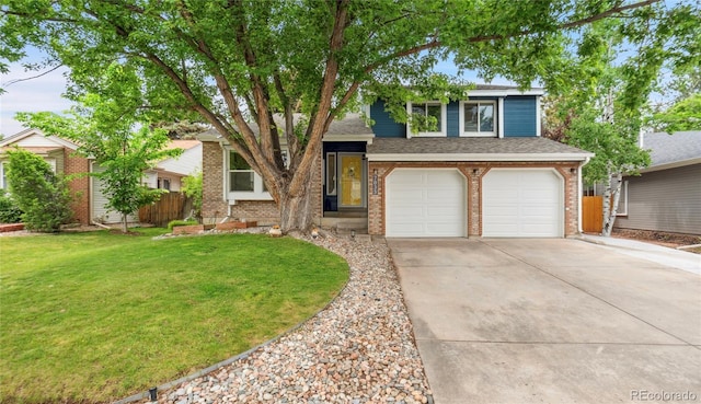 7035 S Flower Ct, Littleton, CO 80128 - tri-level home featuring a garage, concrete driveway, brick siding, and a shingled roof