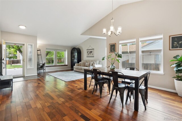 7035 S Flower Ct, Littleton, CO 80128 - dining space with a chandelier, wood-type flooring, baseboards, and high vaulted ceiling