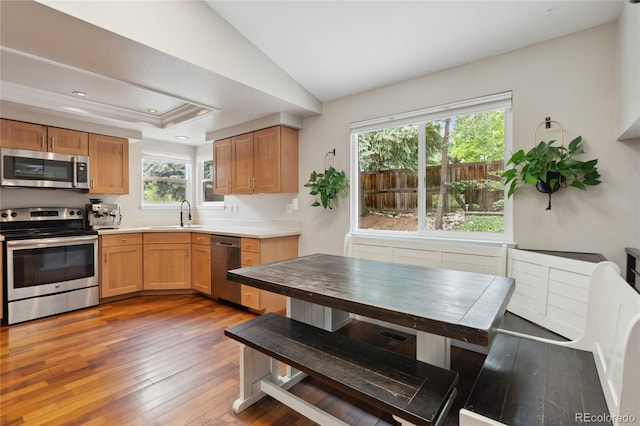 7035 S Flower Ct, Littleton, CO 80128 - kitchen featuring stainless steel appliances, a sink, hardwood / wood-style floors, plenty of natural light, and recessed lighting