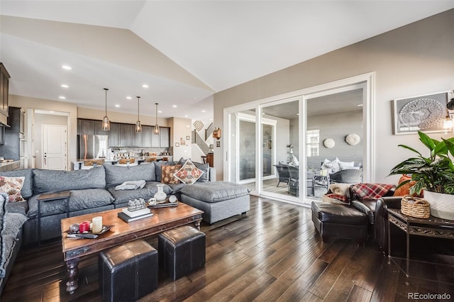 living area with dark wood-style floors, lofted ceiling, and recessed lighting