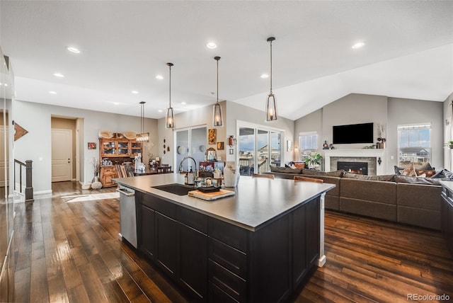 kitchen with a warm lit fireplace, dark cabinets, a sink, vaulted ceiling, and stainless steel dishwasher