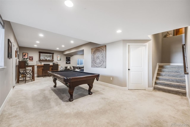 game room with bar, light carpet, and recessed lighting