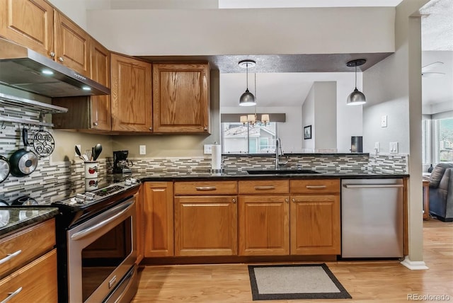 kitchen with a sink, brown cabinetry, under cabinet range hood, and stainless steel appliances