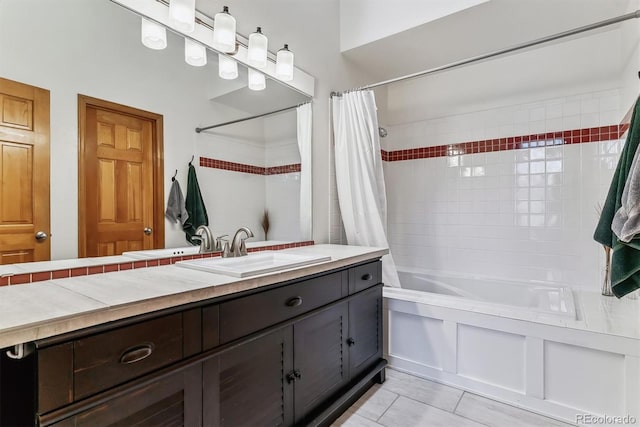 bathroom featuring shower / bathtub combination with curtain and vanity