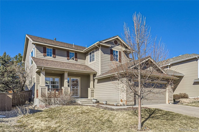 view of front of house featuring an attached garage, covered porch, fence, concrete driveway, and roof with shingles