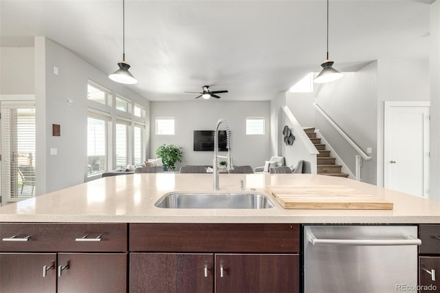 kitchen featuring a sink, stainless steel dishwasher, dark brown cabinets, and open floor plan