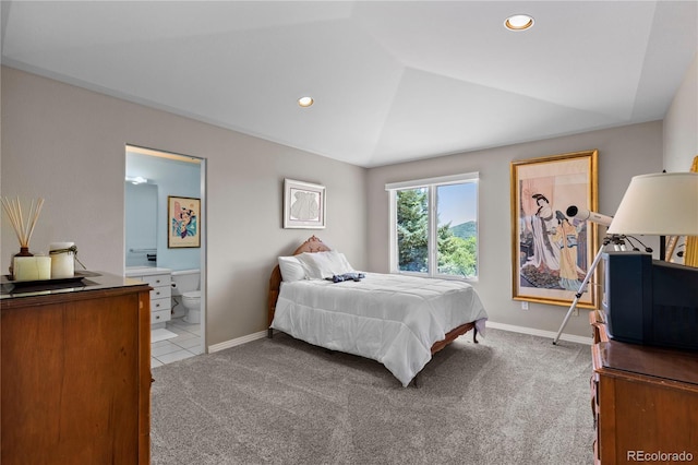 69 N Ranch Rd, Littleton, CO 80127 - bedroom with light colored carpet, lofted ceiling, baseboards, recessed lighting, and connected bathroom