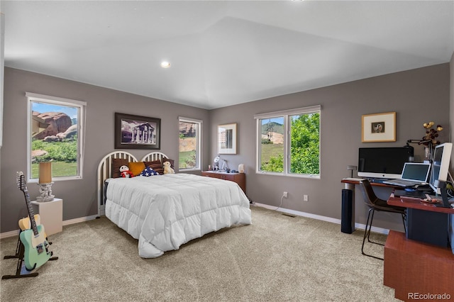 69 N Ranch Rd, Littleton, CO 80127 - carpeted bedroom featuring multiple windows, baseboards, a desk, and lofted ceiling