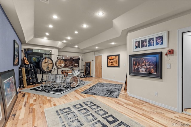 69 N Ranch Rd, Littleton, CO 80127 - exercise room featuring wood finished floors, baseboards, recessed lighting, and a raised ceiling